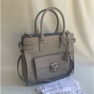 Michael Kors Saffiano Leather Emma Large NS Tote Satchel Bag Pearl Gray $448 new